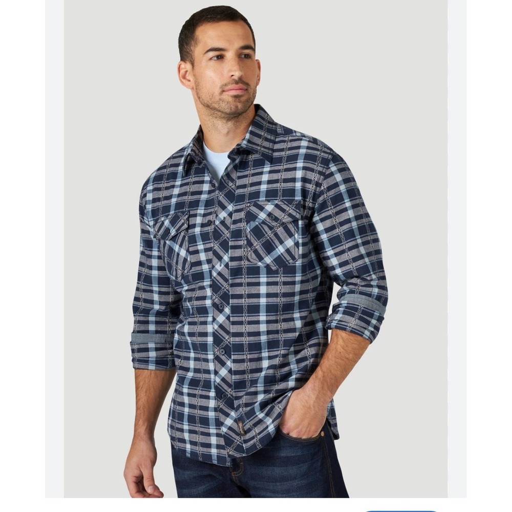 Wrangler Men's 2XLT Tall Plaid Flannel Long Sleeve Snap Front Western Shirt Blue